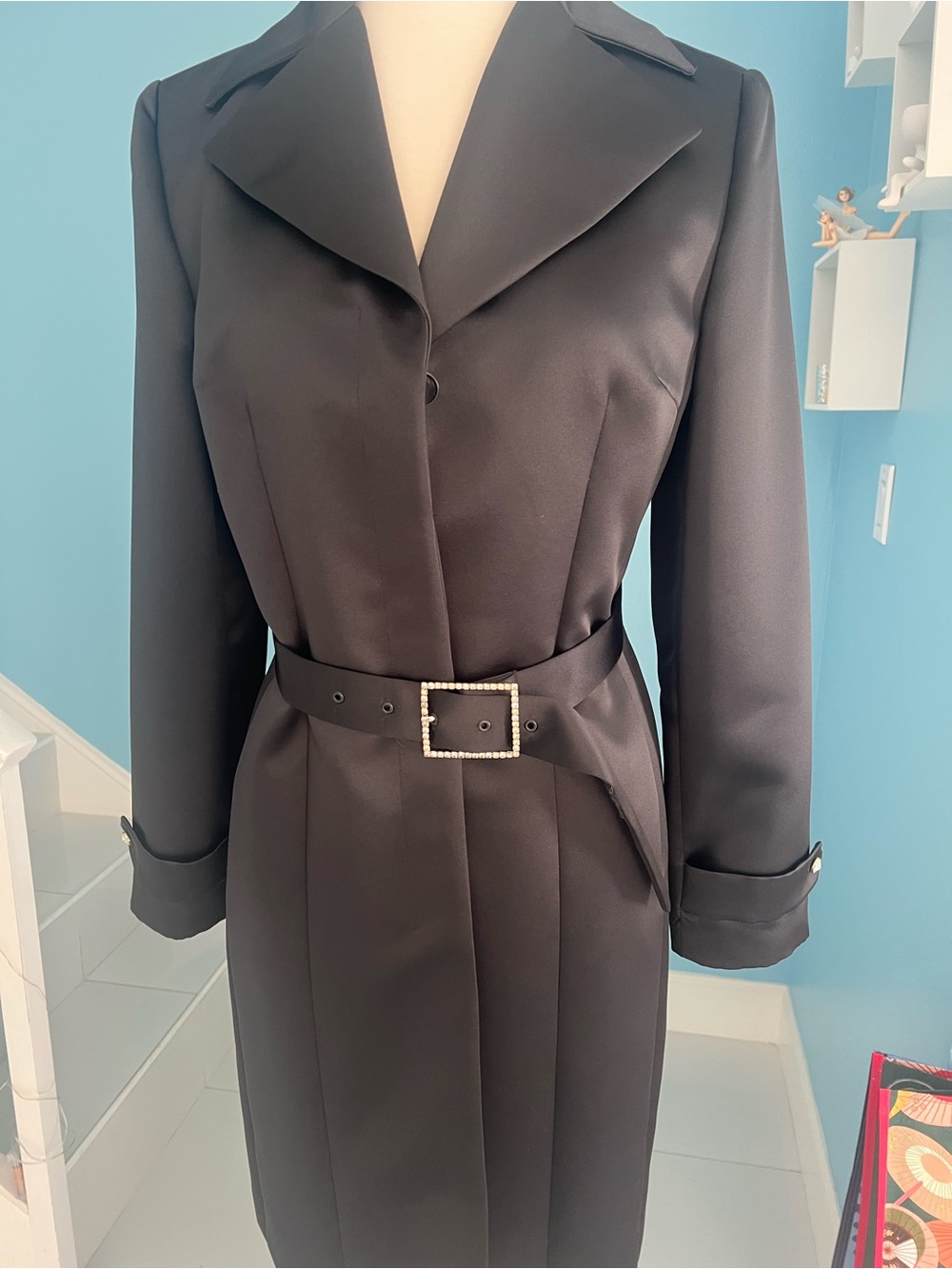 Classic Black Long Tuxedo Coat with Rhinestone Buckle Belt